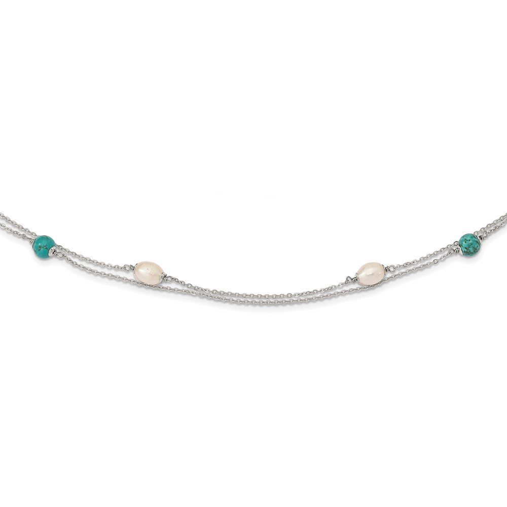 925 Sterling Silver Rhod-Plated Turquoise/Fwc Pearl W/2 In Ext Necklace